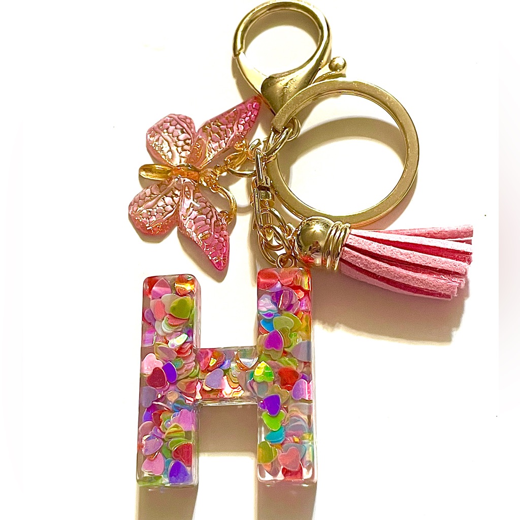 Multicolored Heart Glitter Resin Letter H Keychain